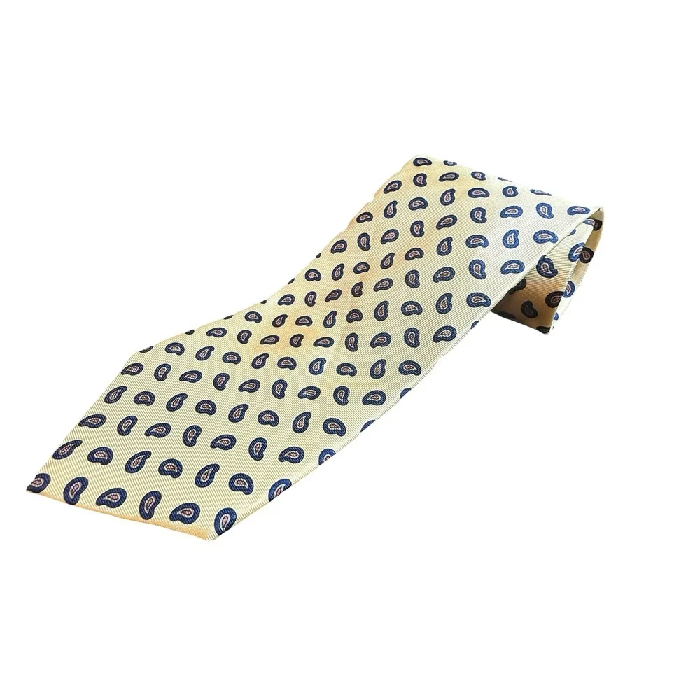 Vintage Carter & Holmes Mens Silk Tie Butter Yellow Navy Paisley Italian Necktie